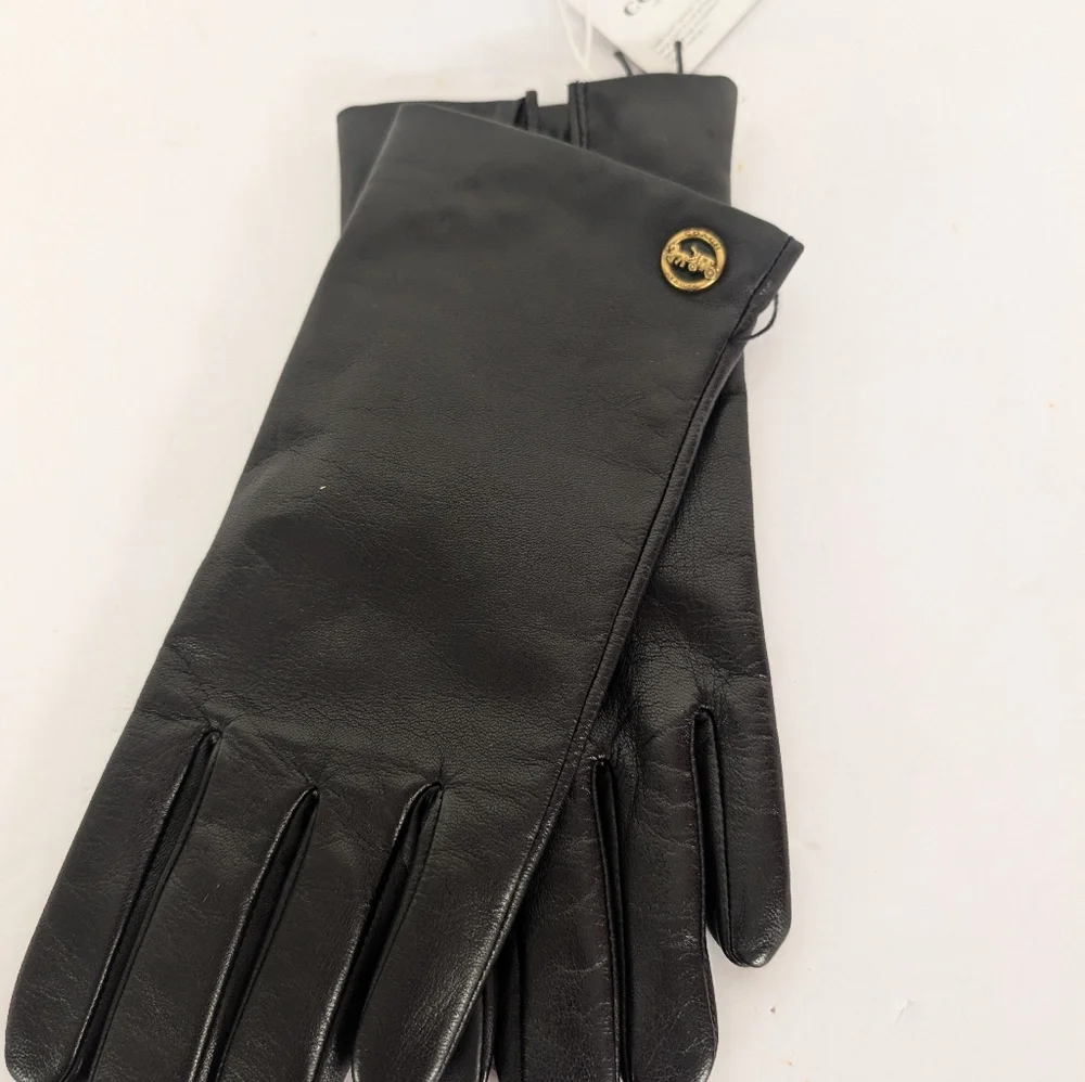 Coach Black Leather Button-Accent Gloves with Gold-Tone Logo NWT